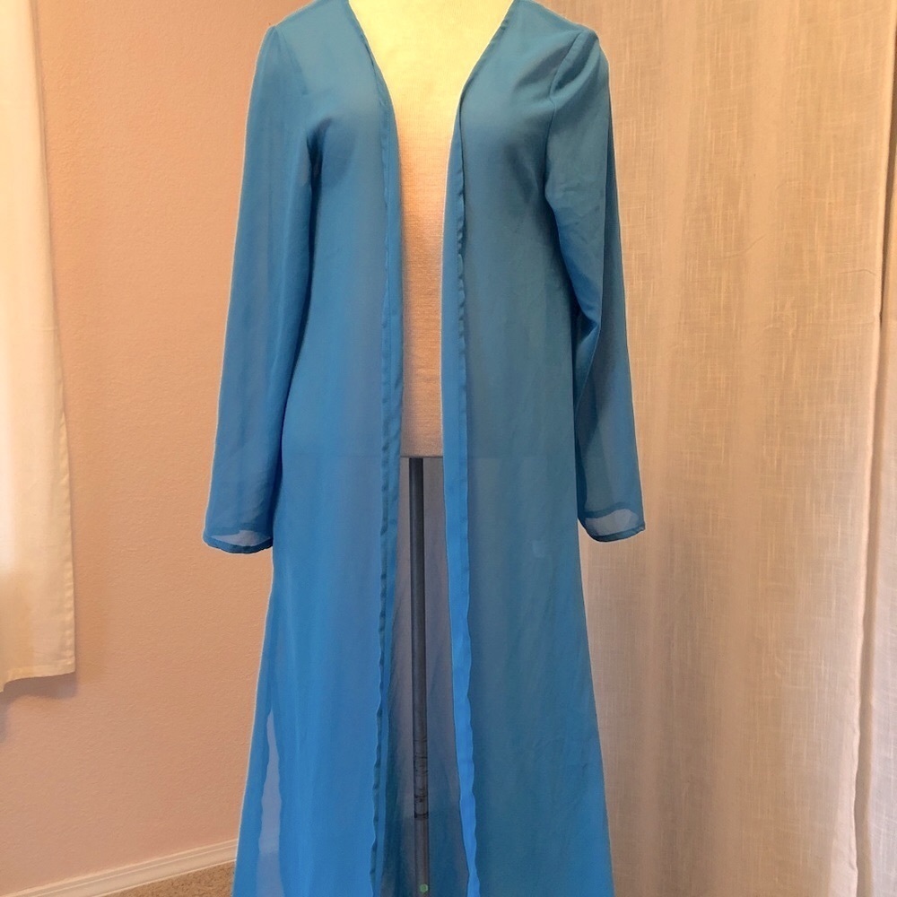 Electric blue sheer swim cover up duster